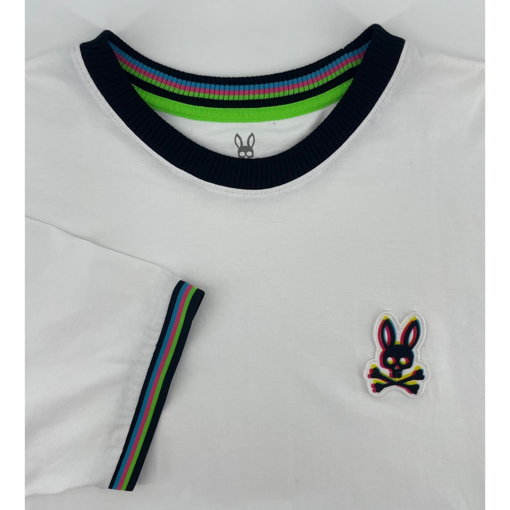 Psycho Bunny T-Shirt Men Size 9 White Glitch Logo Striped Ringer Skater Urban